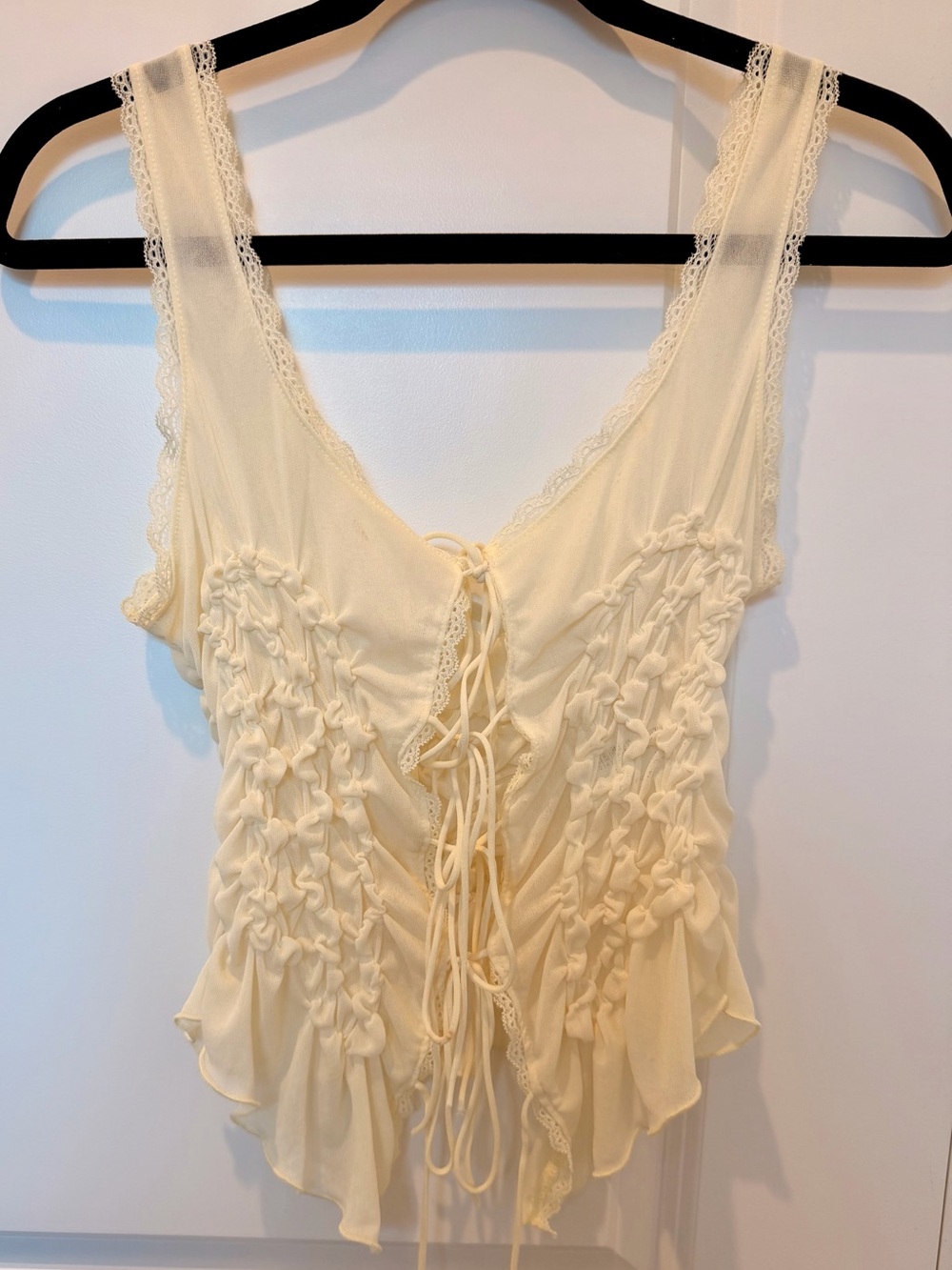 Zara Cream Lace-Trim Ruched Tie-Front Top